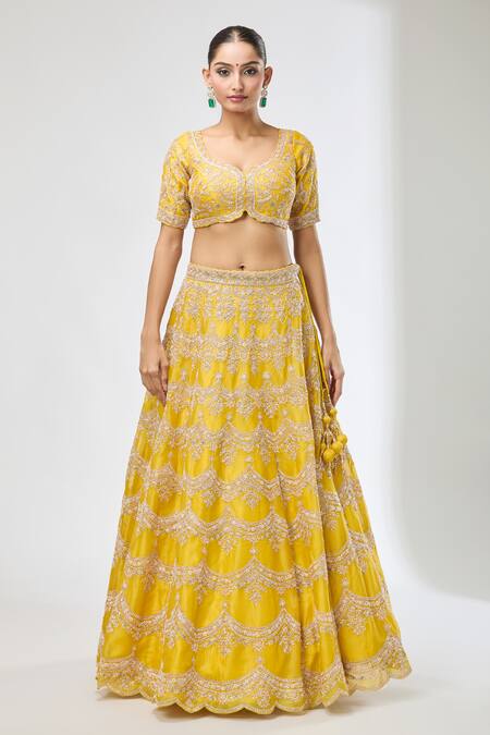 Shop Azeera Yellow Silk Sequins, Beads Floral Embroidered Lehenga Set Shop_Azeera_Yellow Silk Sequins, Beads Floral Embroidered Lehenga Set