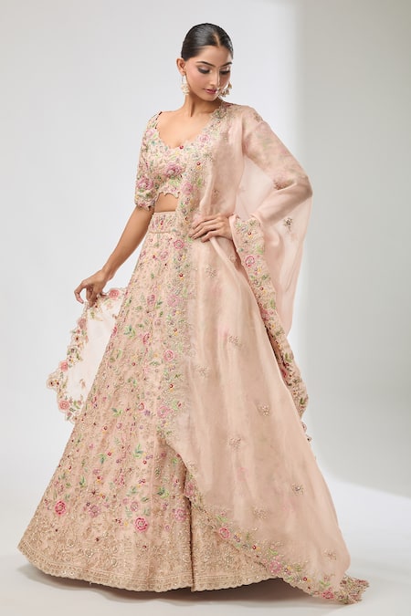 Azeera Peach Chiffon Diamonds, Sequins, Beads Scoop Neck Floral Embroidered Lehenga Set Online at Aza Fashions Azeera_Peach Chiffon Diamonds, Sequins, Beads Scoop Neck Floral Embroidered Lehenga Set _Online_at_Aza_Fashions