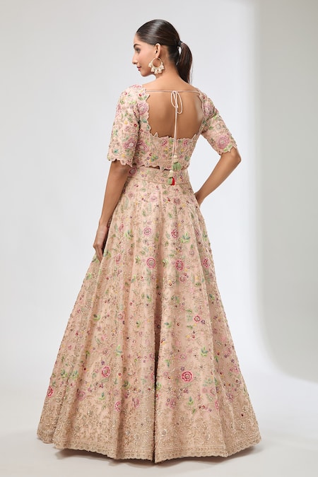 Shop Azeera Peach Chiffon Diamonds, Sequins, Beads Scoop Neck Floral Embroidered Lehenga Set at Aza Fashions Shop_Azeera_Peach Chiffon Diamonds, Sequins, Beads Scoop Neck Floral Embroidered Lehenga Set _at_Aza_Fashions