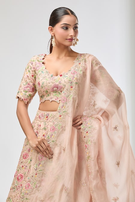 Shop Azeera Peach Chiffon Diamonds, Sequins, Beads Scoop Neck Floral Embroidered Lehenga Set Online at Aza Fashions Shop_Azeera_Peach Chiffon Diamonds, Sequins, Beads Scoop Neck Floral Embroidered Lehenga Set _Online_at_Aza_Fashions
