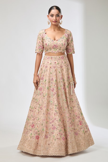Azeera Peach Chiffon Diamonds, Sequins, Beads Scoop Neck Floral Embroidered Lehenga Set at Aza Fashions Azeera_Peach Chiffon Diamonds, Sequins, Beads Scoop Neck Floral Embroidered Lehenga Set _at_Aza_Fashions