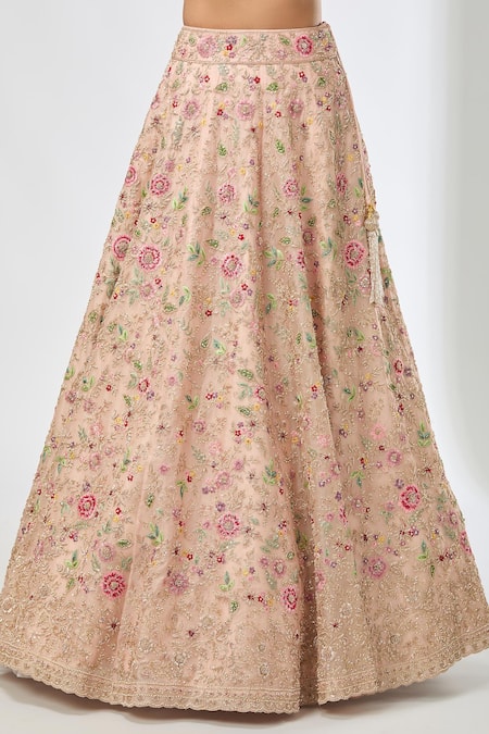 Buy Azeera Peach Chiffon Diamonds, Sequins, Beads Scoop Neck Floral Embroidered Lehenga Set Buy_Azeera_Peach Chiffon Diamonds, Sequins, Beads Scoop Neck Floral Embroidered Lehenga Set