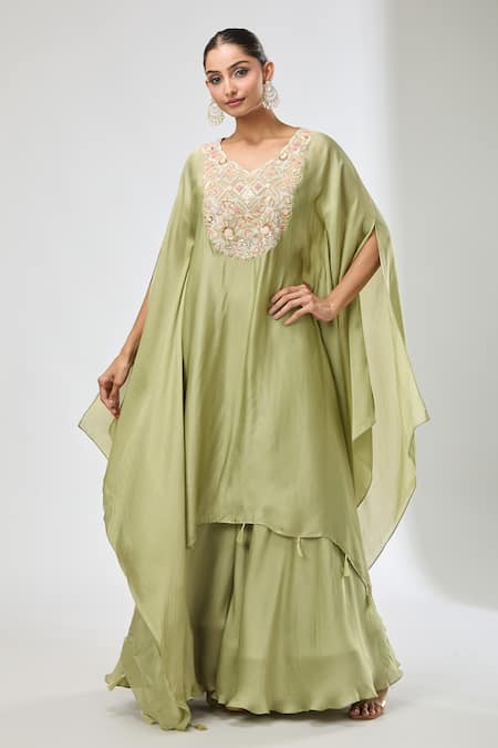 Samyukta Singhania_Green Silk Embroidery, Beads, Sequins V-neck Floral Kaftan Sharara Set _Online_at_Aza_Fashions