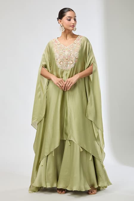 Buy_Samyukta Singhania_Green Silk Embroidery, Beads, Sequins V-neck Floral Kaftan Sharara Set _Online_at_Aza_Fashions