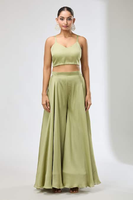 Shop_Samyukta Singhania_Green Silk Embroidery, Beads, Sequins V-neck Floral Kaftan Sharara Set _Online_at_Aza_Fashions