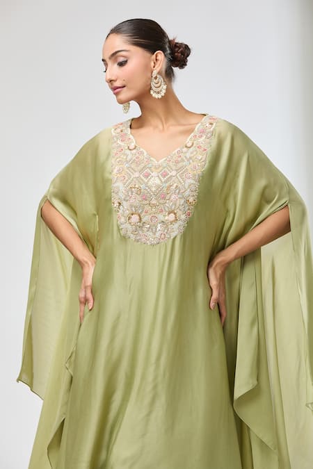 Samyukta Singhania_Green Silk Embroidery, Beads, Sequins V-neck Floral Kaftan Sharara Set _at_Aza_Fashions