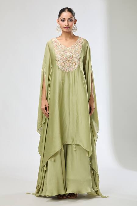 Buy_Samyukta Singhania_Green Silk Embroidery, Beads, Sequins V-neck Floral Kaftan Sharara Set 