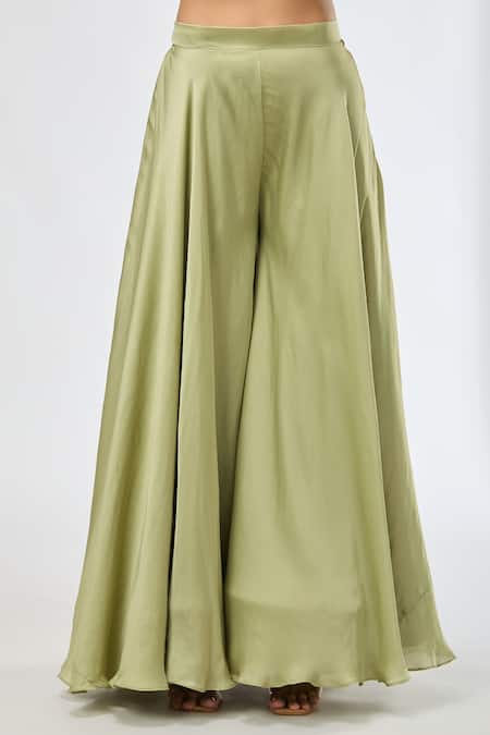 Shop_Samyukta Singhania_Green Silk Embroidery, Beads, Sequins V-neck Floral Kaftan Sharara Set 