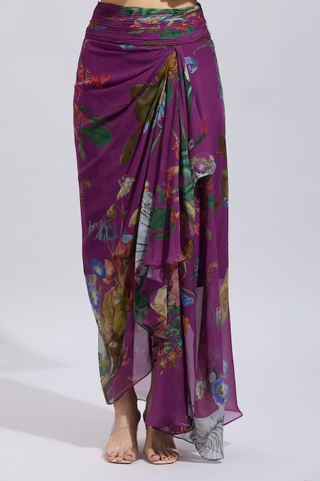 Anushree Reddy_Purple Chiffon Applique Sweetheart Neck Botanical Print Cape And Draped Skirt Set _Online_at_Aza_Fashions
