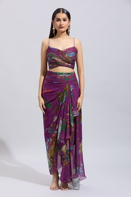 Buy_Anushree Reddy_Purple Chiffon Applique Sweetheart Neck Botanical Print Cape And Draped Skirt Set _Online_at_Aza_Fashions