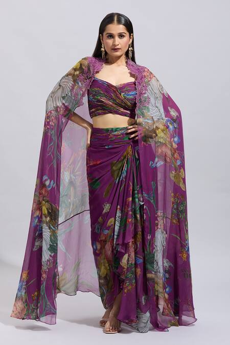 Anushree Reddy_Purple Chiffon Applique Sweetheart Neck Botanical Print Cape And Draped Skirt Set _at_Aza_Fashions