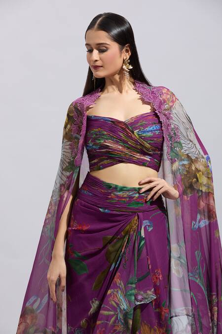 Buy_Anushree Reddy_Purple Chiffon Applique Sweetheart Neck Botanical Print Cape And Draped Skirt Set 