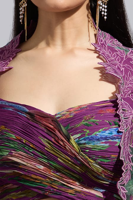 Shop_Anushree Reddy_Purple Chiffon Applique Sweetheart Neck Botanical Print Cape And Draped Skirt Set 