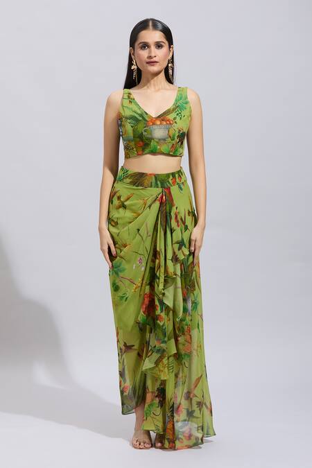 Anushree Reddy_Green Chiffon Lace V-neck Botanical Print Draped Skirt Set _Online_at_Aza_Fashions