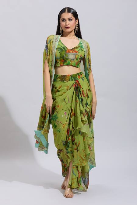 Shop_Anushree Reddy_Green Chiffon Lace V-neck Botanical Print Draped Skirt Set _Online_at_Aza_Fashions