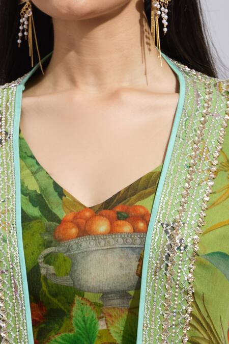 Anushree Reddy_Green Chiffon Lace V-neck Botanical Print Draped Skirt Set _at_Aza_Fashions