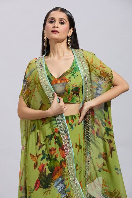 Buy_Anushree Reddy_Green Chiffon Lace V-neck Botanical Print Draped Skirt Set 