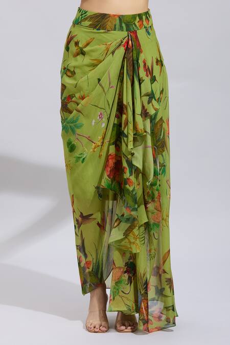 Shop_Anushree Reddy_Green Chiffon Lace V-neck Botanical Print Draped Skirt Set 