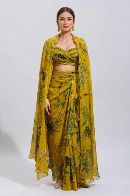 Anushree Reddy Botanical Print Cape & Draped Skirt Set 