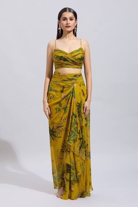 Anushree Reddy_Yellow Chiffon Applique Sweetheart Neck Botanical Print Cape And Draped Skirt Set _Online_at_Aza_Fashions