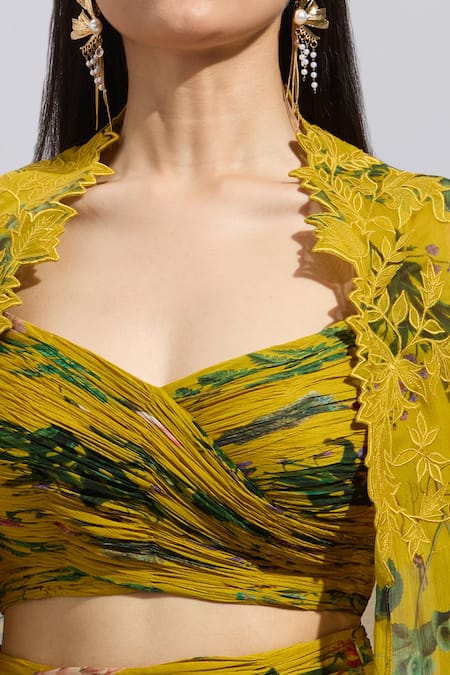 Buy_Anushree Reddy_Yellow Chiffon Applique Sweetheart Neck Botanical Print Cape And Draped Skirt Set _Online_at_Aza_Fashions