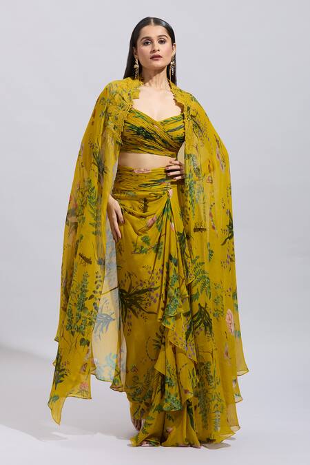 Shop_Anushree Reddy_Yellow Chiffon Applique Sweetheart Neck Botanical Print Cape And Draped Skirt Set _Online_at_Aza_Fashions