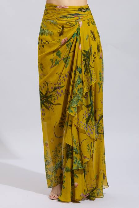 Anushree Reddy_Yellow Chiffon Applique Sweetheart Neck Botanical Print Cape And Draped Skirt Set _at_Aza_Fashions