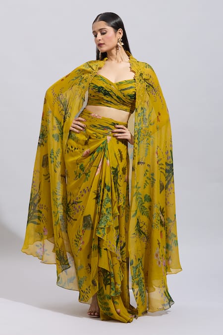 Buy_Anushree Reddy_Yellow Chiffon Applique Sweetheart Neck Botanical Print Cape And Draped Skirt Set 