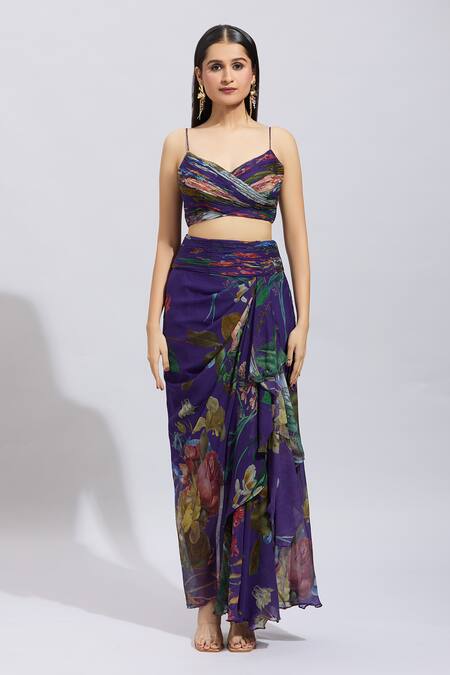 Anushree Reddy_Purple Chiffon Applique Sweetheart Neck Botanical Cape And Draped Skirt Set _Online_at_Aza_Fashions