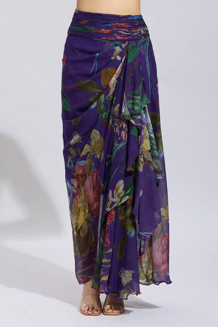 Buy_Anushree Reddy_Purple Chiffon Applique Sweetheart Neck Botanical Cape And Draped Skirt Set _Online_at_Aza_Fashions