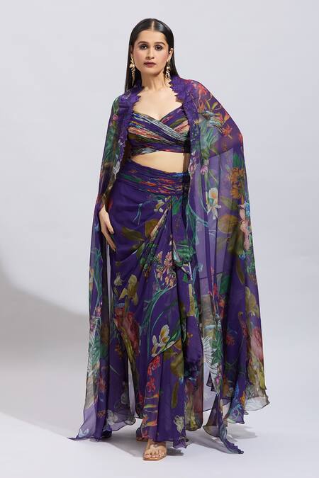 Shop_Anushree Reddy_Purple Chiffon Applique Sweetheart Neck Botanical Cape And Draped Skirt Set _Online_at_Aza_Fashions