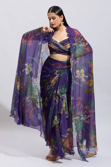Anushree Reddy_Purple Chiffon Applique Sweetheart Neck Botanical Cape And Draped Skirt Set _at_Aza_Fashions
