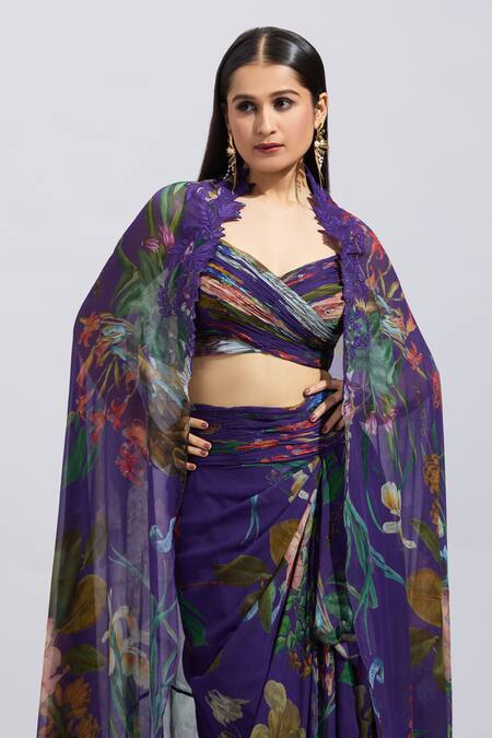 Buy_Anushree Reddy_Purple Chiffon Applique Sweetheart Neck Botanical Cape And Draped Skirt Set 