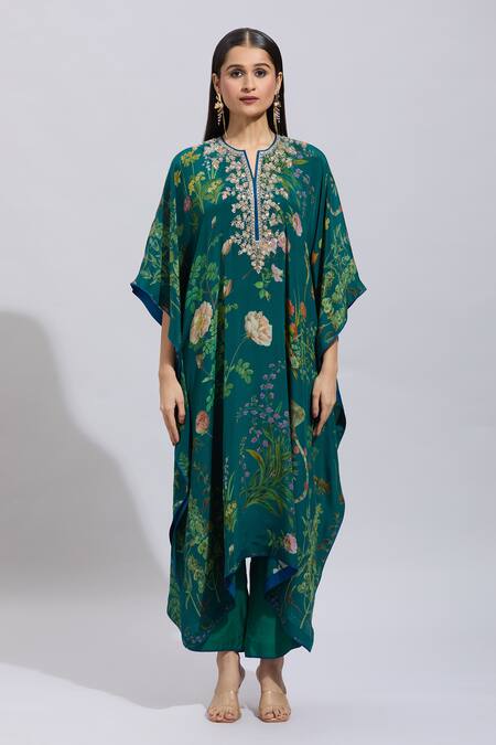 Anushree Reddy_Green Cotton, Silk Embroidery Split V-neck Botanical Print Kaftan Set _Online_at_Aza_Fashions