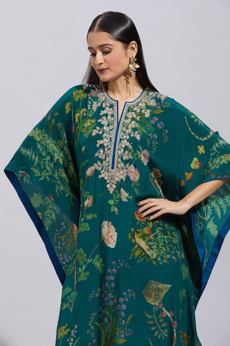 Buy_Anushree Reddy_Green Cotton, Silk Embroidery Split V-neck Botanical Print Kaftan Set _Online_at_Aza_Fashions