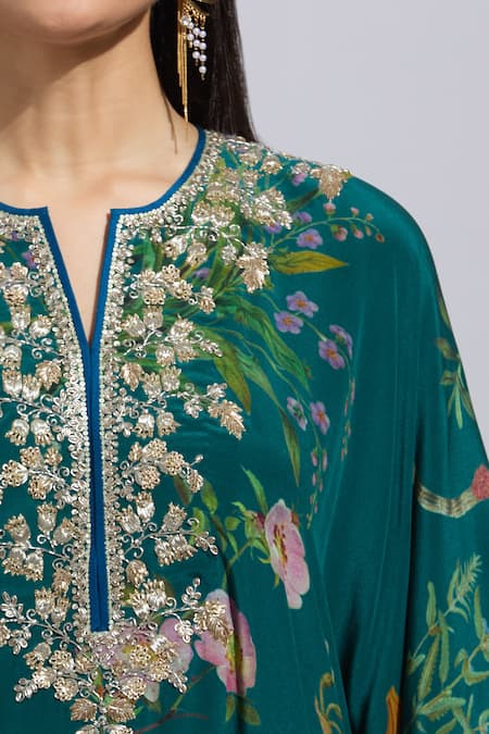Anushree Reddy_Green Cotton, Silk Embroidery Split V-neck Botanical Print Kaftan Set _at_Aza_Fashions