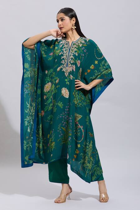 Shop_Anushree Reddy_Green Cotton, Silk Embroidery Split V-neck Botanical Print Kaftan Set 