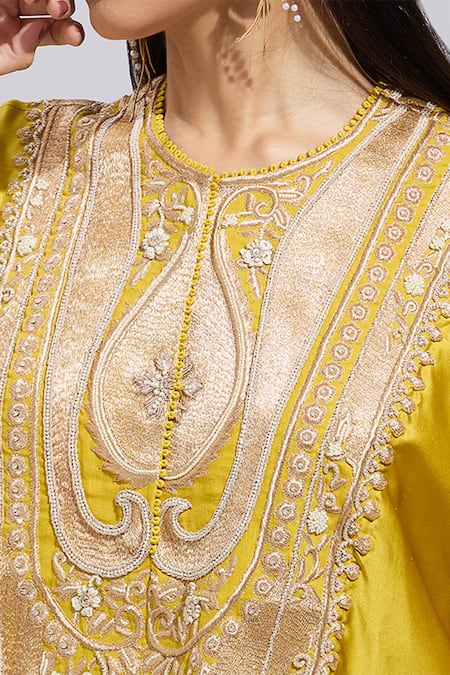 Anamika Khanna Yellow Beads, Pearls, Zari Floral Embroidered Mustard Kaftan And Draped Skirt Online at Aza Fashions Anamika Khanna_Yellow Beads, Pearls, Zari Floral Embroidered Mustard Kaftan And Draped Skirt _Online_at_Aza_Fashions
