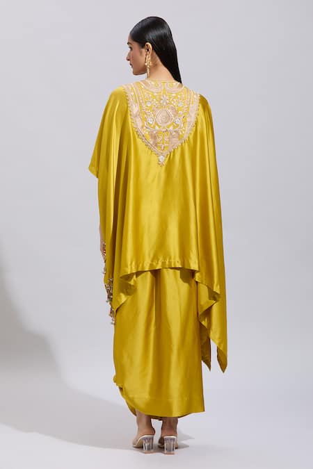 Anamika Khanna Floral Embroidered Mustard Kaftan & Draped Skirt 