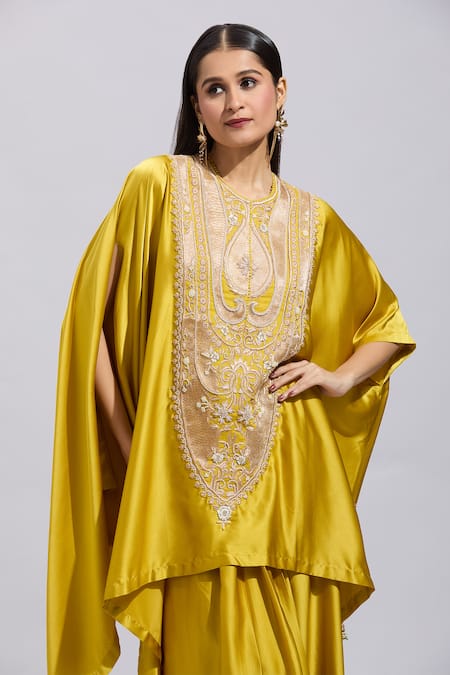 Buy Anamika Khanna Yellow Beads, Pearls, Zari Floral Embroidered Mustard Kaftan And Draped Skirt Online at Aza Fashions Buy_Anamika Khanna_Yellow Beads, Pearls, Zari Floral Embroidered Mustard Kaftan And Draped Skirt _Online_at_Aza_Fashions