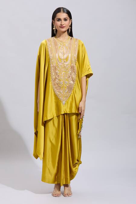 Shop Anamika Khanna Yellow Beads, Pearls, Zari Floral Embroidered Mustard Kaftan And Draped Skirt Online at Aza Fashions Shop_Anamika Khanna_Yellow Beads, Pearls, Zari Floral Embroidered Mustard Kaftan And Draped Skirt _Online_at_Aza_Fashions