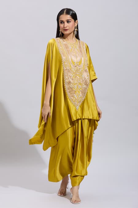 Anamika Khanna Yellow Beads, Pearls, Zari Floral Embroidered Mustard Kaftan And Draped Skirt at Aza Fashions Anamika Khanna_Yellow Beads, Pearls, Zari Floral Embroidered Mustard Kaftan And Draped Skirt _at_Aza_Fashions