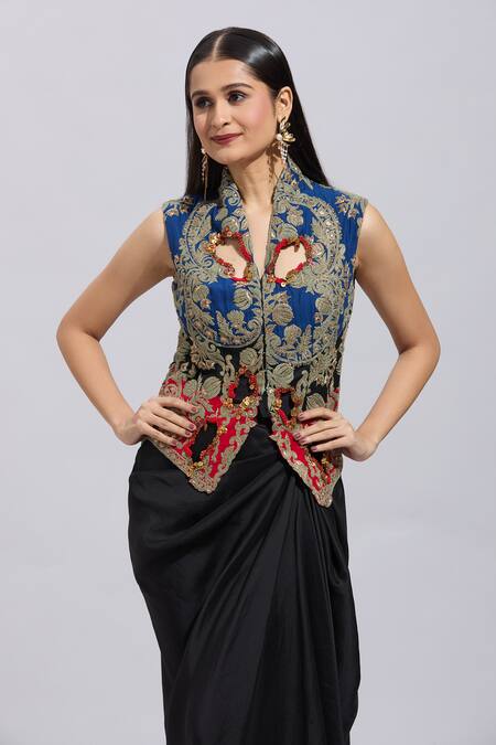 Buy Anamika Khanna Multi Color Silk Beads, Sequins V-neck Floral Cutwork Jacket With Draped Skirt Online at Aza Fashions Buy_Anamika Khanna_Multi Color Silk Beads, Sequins V-neck Floral Cutwork Jacket With Draped Skirt _Online_at_Aza_Fashions