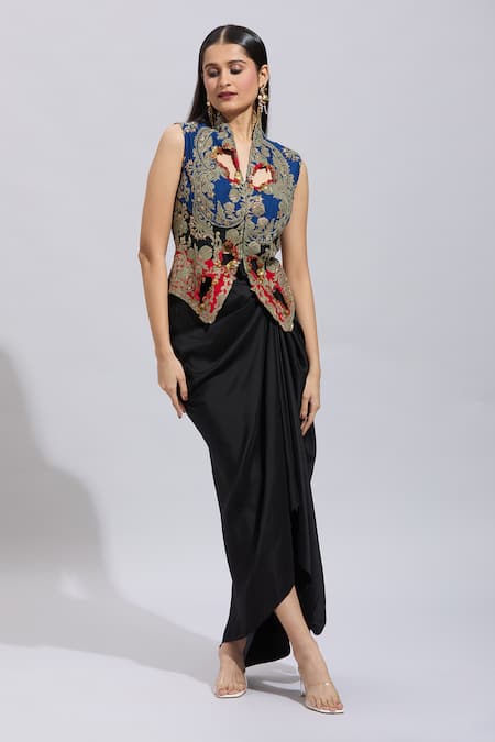 Anamika Khanna Multi Color Silk Beads, Sequins V-neck Floral Cutwork Jacket With Draped Skirt at Aza Fashions Anamika Khanna_Multi Color Silk Beads, Sequins V-neck Floral Cutwork Jacket With Draped Skirt _at_Aza_Fashions