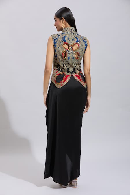 Shop Anamika Khanna Multi Color Silk Beads, Sequins V-neck Floral Cutwork Jacket With Draped Skirt at Aza Fashions Shop_Anamika Khanna_Multi Color Silk Beads, Sequins V-neck Floral Cutwork Jacket With Draped Skirt _at_Aza_Fashions