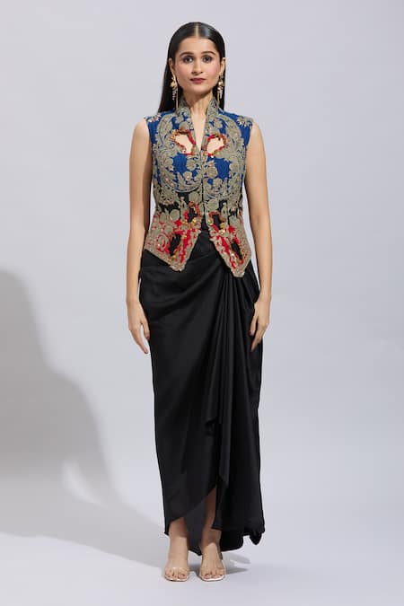 Buy Anamika Khanna Multi Color Silk Beads, Sequins V-neck Floral Cutwork Jacket With Draped Skirt Buy_Anamika Khanna_Multi Color Silk Beads, Sequins V-neck Floral Cutwork Jacket With Draped Skirt