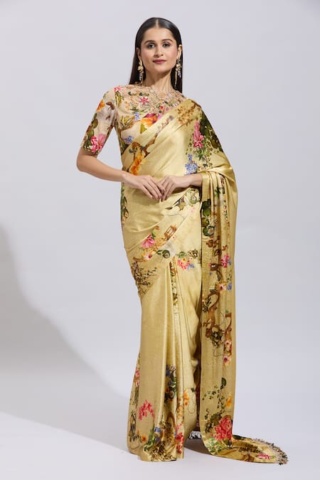 Anamika Khanna Beige Polyester, Silk Beads, Sequins, Embroidery Botanical Print Saree And Blouse Online at Aza Fashions Anamika Khanna_Beige Polyester, Silk Beads, Sequins, Embroidery Botanical Print Saree And Blouse _Online_at_Aza_Fashions