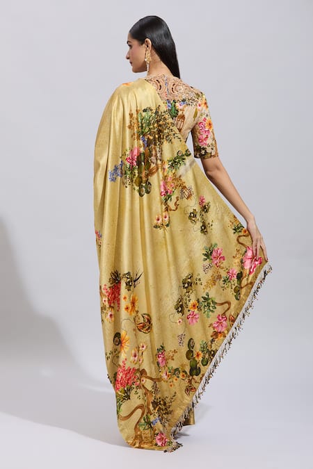 Anamika Khanna Beige Botanical Print Saree & Blouse 