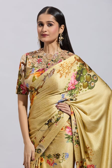 Shop Anamika Khanna Beige Polyester, Silk Beads, Sequins, Embroidery Botanical Print Saree And Blouse Online at Aza Fashions Shop_Anamika Khanna_Beige Polyester, Silk Beads, Sequins, Embroidery Botanical Print Saree And Blouse _Online_at_Aza_Fashions