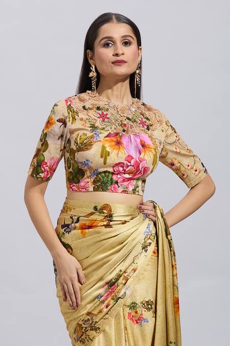 Anamika Khanna Beige Polyester, Silk Beads, Sequins, Embroidery Botanical Print Saree And Blouse at Aza Fashions Anamika Khanna_Beige Polyester, Silk Beads, Sequins, Embroidery Botanical Print Saree And Blouse _at_Aza_Fashions